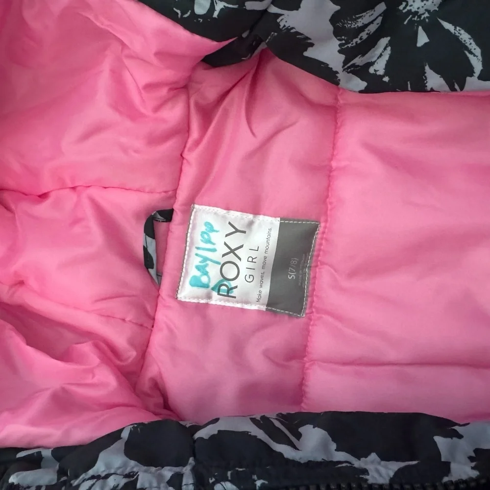 Roxy Girls Hooded Winter Jacket Black Floral Pink Lined Size 7/8